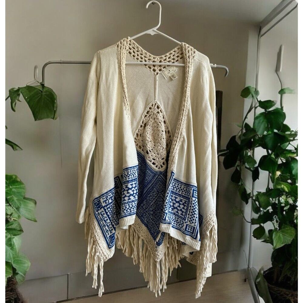 NEW Ruby Moon Ivory Blue Boho Crochet Fringe Cardigan Aztec Native American S